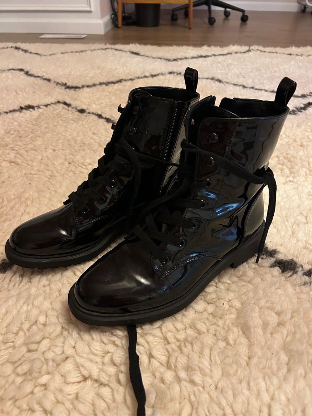 Patent Leather Black Lace-Up Combat Boots with Side Zip